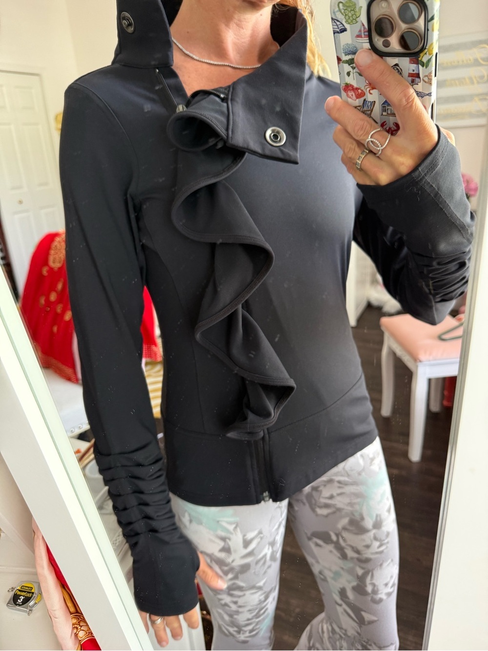 Karma Ruffle Yoga Jacket Black Designer Activewear Thumbhole Zip Funnel Neck